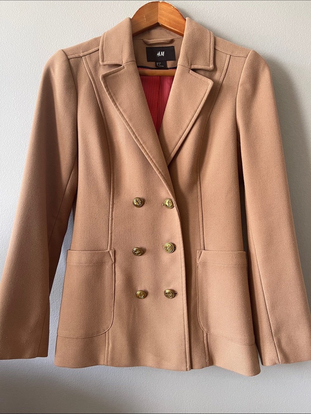 Double-Breasted Camel/Tan Blazer with Gold Buttons